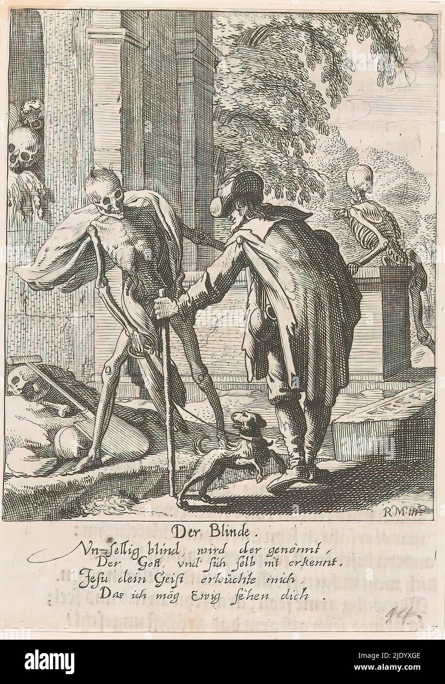Blind man and Death, Der Blinde (title on object), The Dance of Death (series title), Blind man is led into an open grave by Death with a guide dog., print maker: Rudolph Meyer, print maker: Conrad Meyer, after design by: Rudolph Meyer, (mentioned on object), 1650, paper, etching, height 129 mm × width 90 mm Stock Photo