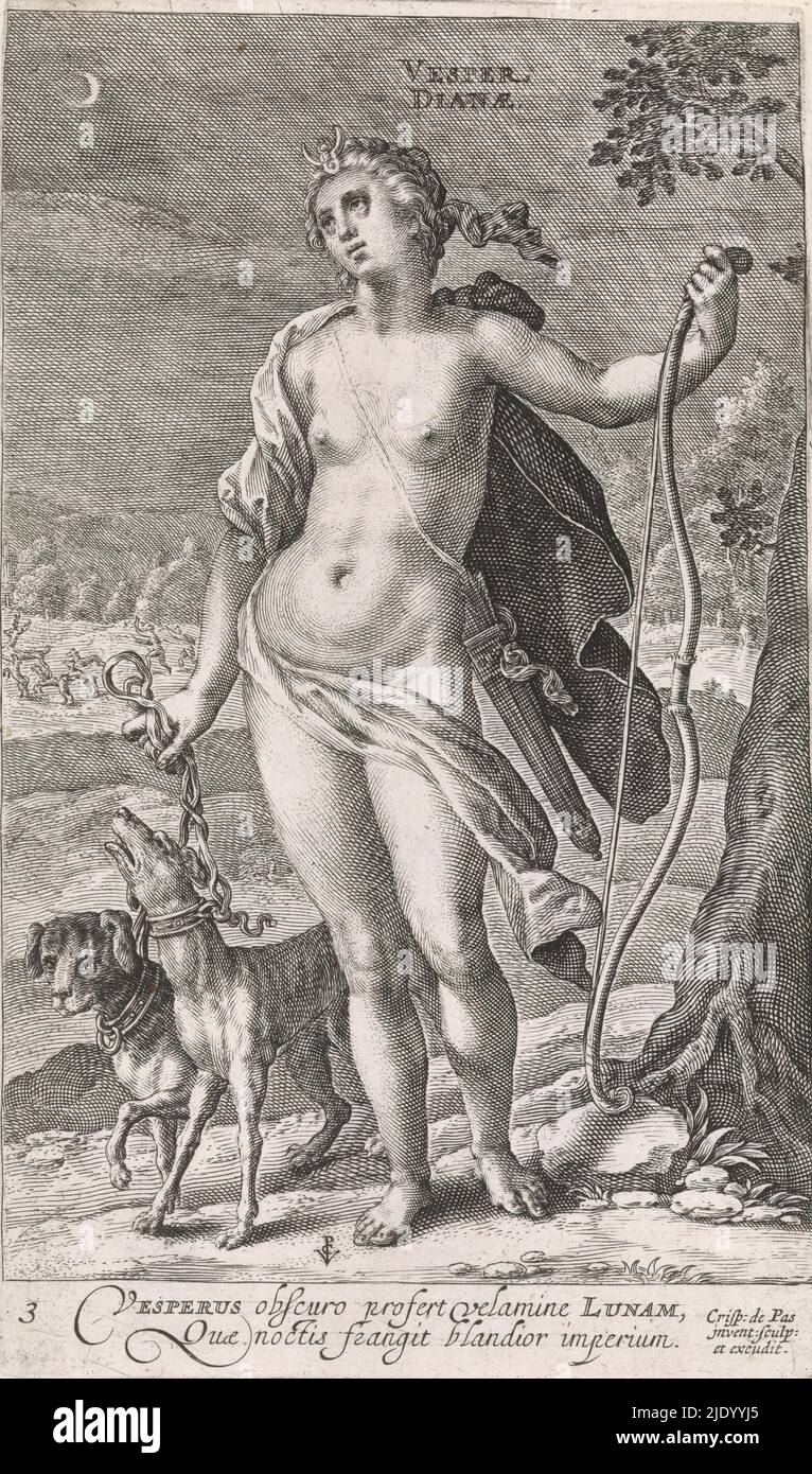 Evening, Vesper Dianæ (title on object), The four times of the day (series title), Landscape with Diana, the moon goddess, as the personification of the Evening. She carries a bow and arrow and is accompanied by two hunting dogs. In the background a deer hunt. In the margin a two-line caption in Latin., print maker: Crispijn van de Passe (I), (mentioned on object), after own design by: Crispijn van de Passe (I), (mentioned on object), publisher: Crispijn van de Passe (I), (mentioned on object), Utrecht, 1611 - 1637, paper, engraving, height 215 mm × width 122 mm Stock Photo