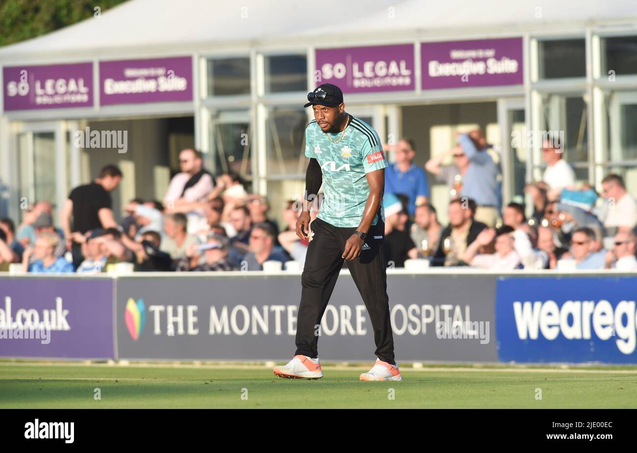 Hove UK 23rd June 2022 -  Chris Jordan captain of Surrey during the T20 Vitality Blast  match  between Sussex Sharks and Surrey at the 1st Central County Ground Hove . : Credit Simon Dack / Alamy Live News Stock Photo
