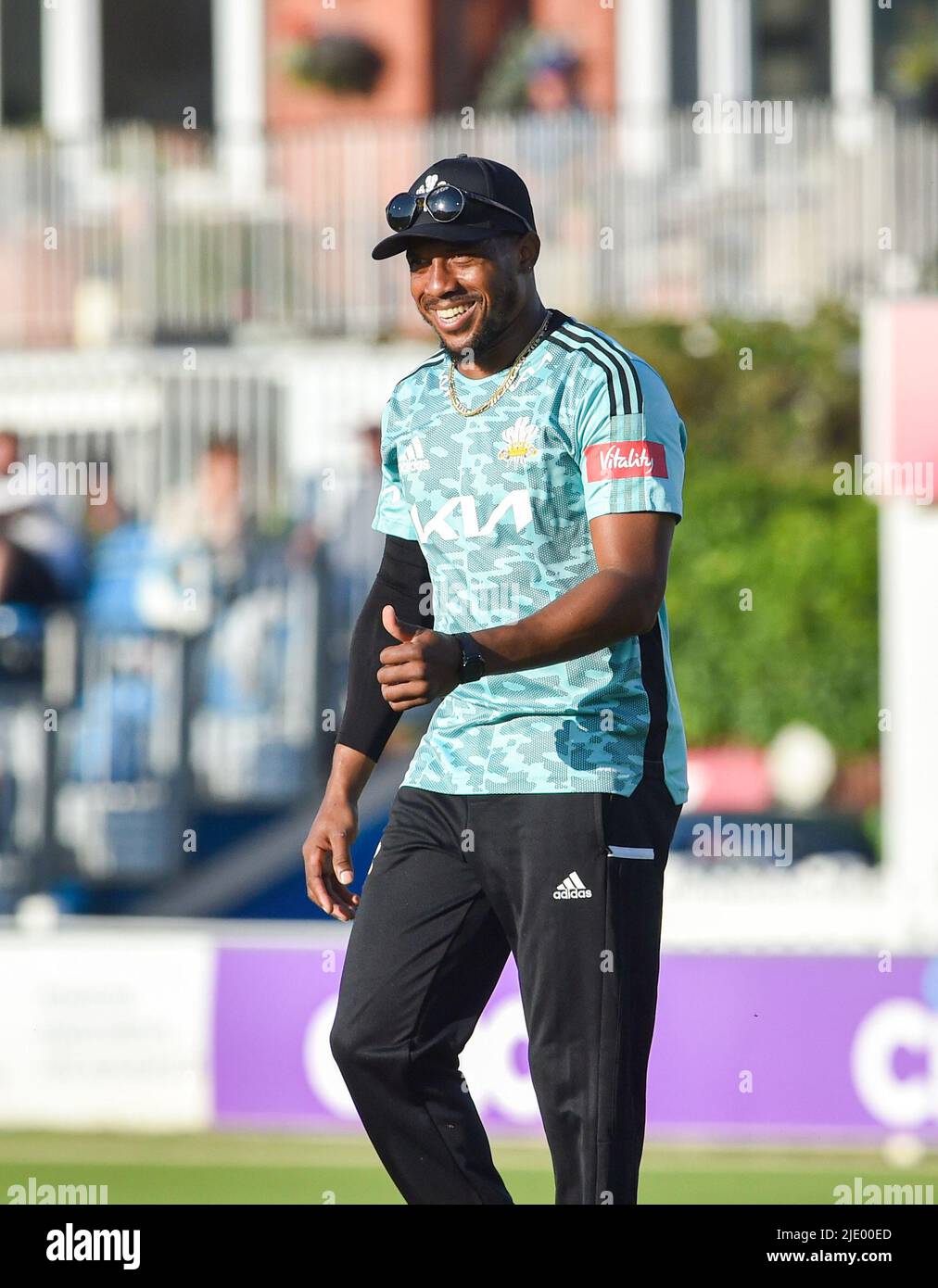 Hove UK 23rd June 2022 -  Chris Jordan captain of Surrey during the T20 Vitality Blast  match  between Sussex Sharks and Surrey at the 1st Central County Ground Hove . : Credit Simon Dack / Alamy Live News Stock Photo