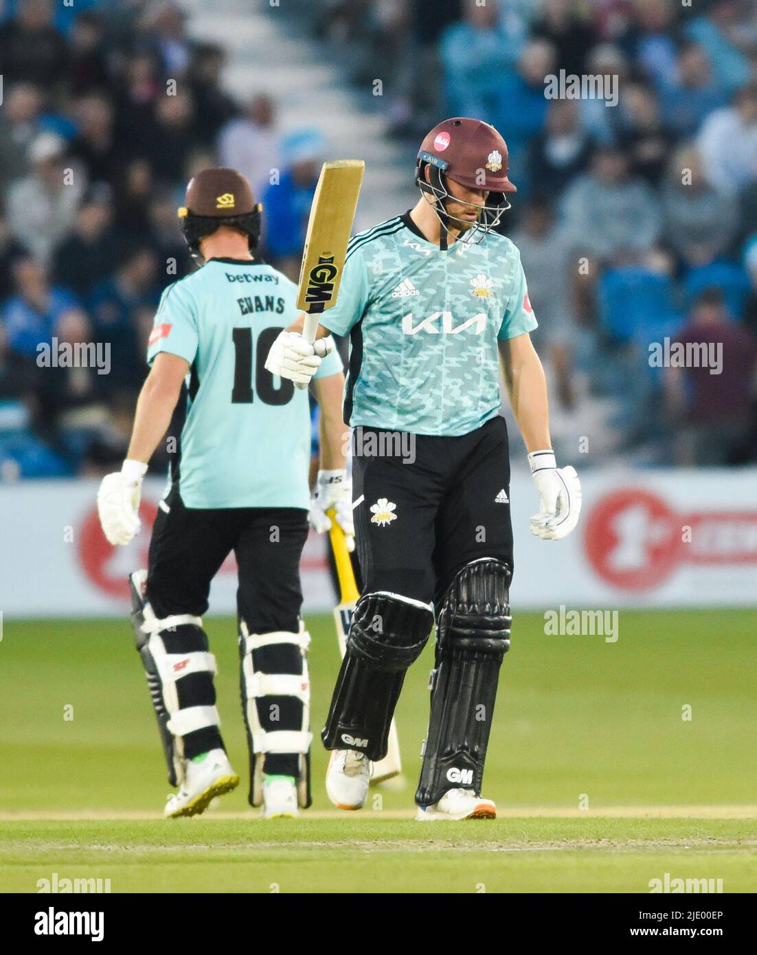 Hove UK 23rd June 2022 -  Will Jacks of Surrey reaches his half century during the T20 Vitality Blast  match  between Sussex Sharks and Surrey at the 1st Central County Ground Hove . : Credit Simon Dack / Alamy Live News Stock Photo