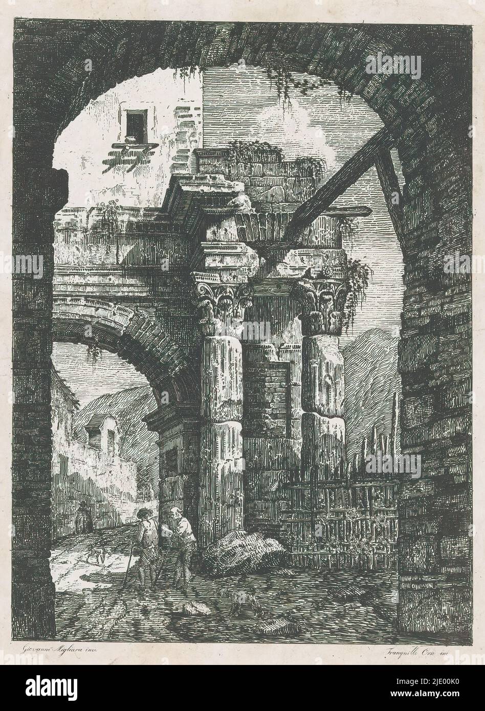 Antique ruins and walkers on a path, Ruin of an ancient gate with Corinthian columns. On the path passing under the gate two walkers with two dogs. In the background a mountainous landscape. The scene is framed by a second gate in the foreground., print maker: Tranquillo Orsi, (mentioned on object), after design by: Giovanni Migliara, (mentioned on object), Italy, 1795 - c. 1845, paper, etching, height 276 mm × width 211 mm Stock Photo