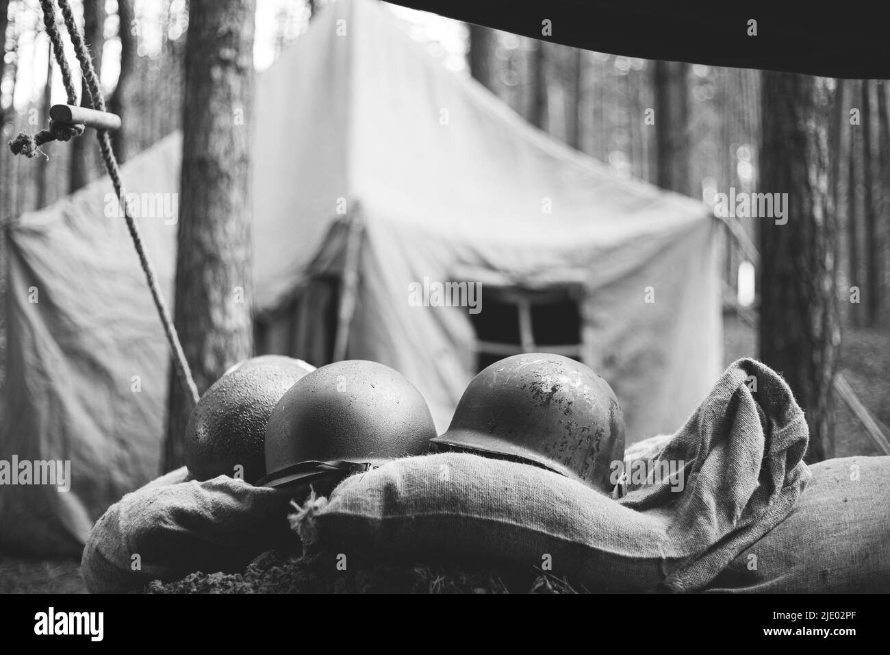 Metal Helmets Of United States Army Infantry Soldier At World War II ...