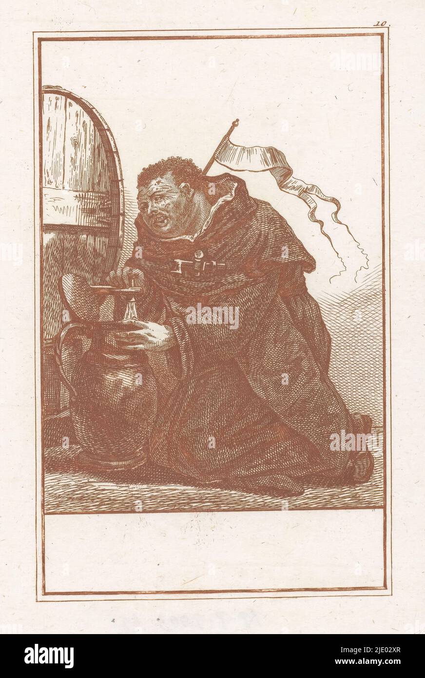 Monk draws beer from a barrel, Abuses of the Catholic Clergy (series title), L'Abregé du Faux Clerge Romain (series title), A monk with a pennant on his habit, sitting in front of a large barrel, from which he draws beer in a pitcher. The print is part of a 50-volume series dealing with the abuses of the Catholic clergy., print maker: Jacob Gole, (attributed to), after drawing by: Cornelis Dusart, Amsterdam, 1724, paper, etching, height 225 mm × width 196 mm Stock Photo