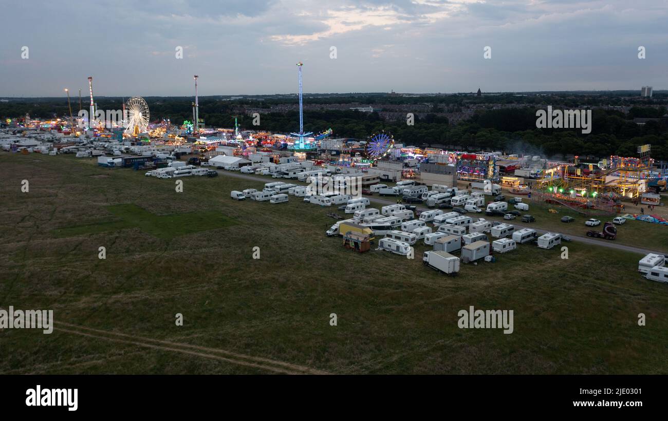 Newcastle upon Tyne, England, 23 Jun 2022. Aerial view of the Hoppings, Europe’s largest funfair, on the Town Moor in Newcastle. Credit: Colin Edwards. Stock Photo