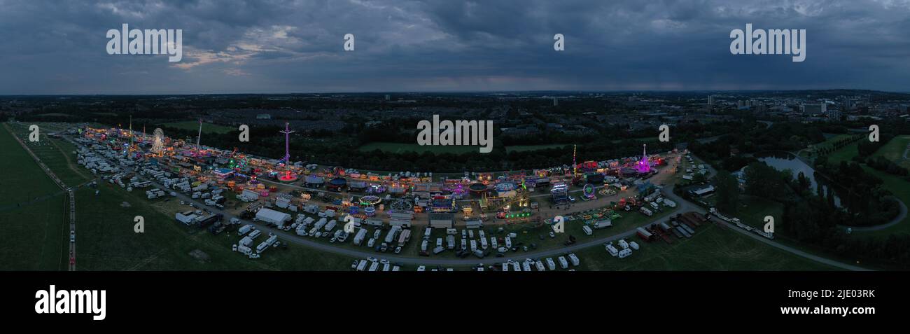 Newcastle upon Tyne, England, 23 Jun 2022. Aerial view of the Hoppings, Europe’s largest funfair, on the Town Moor in Newcastle. Credit: Colin Edwards. Stock Photo