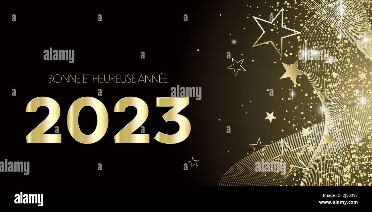 french Happy New year 2023 festive black and gold greeting card Stock Photo