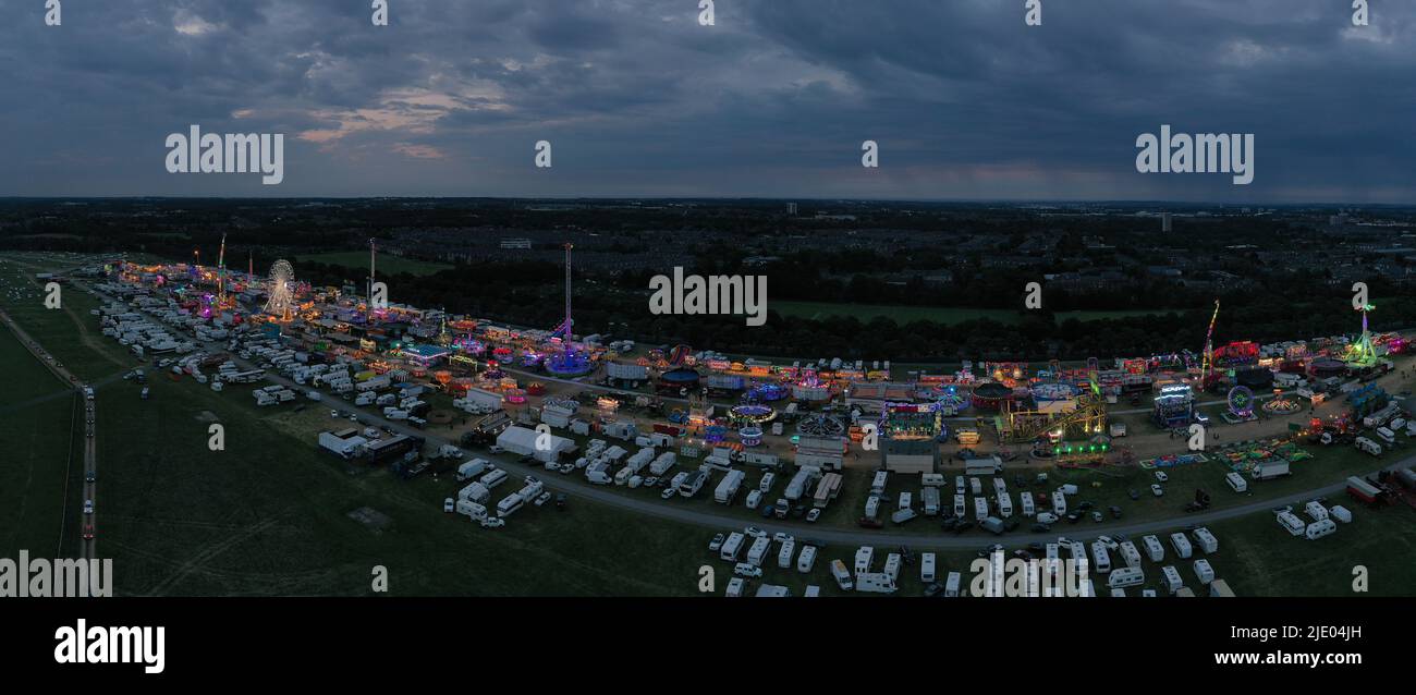 Newcastle upon Tyne, England, 23 Jun 2022. Aerial view of the Hoppings, Europe’s largest funfair, on the Town Moor in Newcastle. Credit: Colin Edwards. Stock Photo