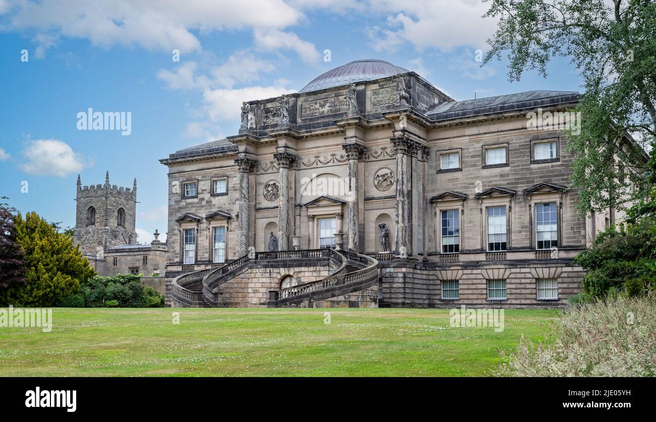 South fronted with curved double staircase of Kedleston Hall in Derbyshire, UK on 18 June 2022 Stock Photo