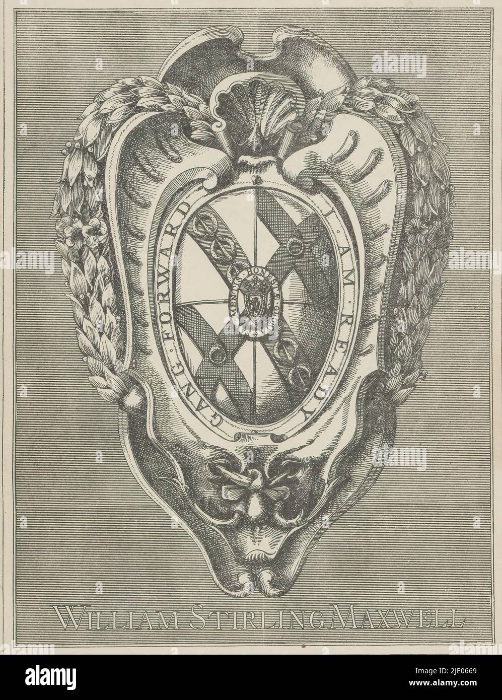 Ex libris of Sir William Stirling Maxwell, Ex libris of book collector Sir William Stirling Maxwell. His coat of arms and mottoes encased in an ornamental frame. Ex libris pasted to cover page. This print is part of an album., after design by: William Stirling Maxwell, 1838 - 1878, paper, etching, height 225 mm × width 173 mm Stock Photo