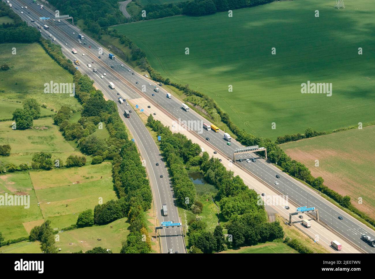 An aerial view of the junction where the new A1 Motorway, Aberford west Yorkshire, UK, meets the M1 coming up from the south of Leeds Stock Photo