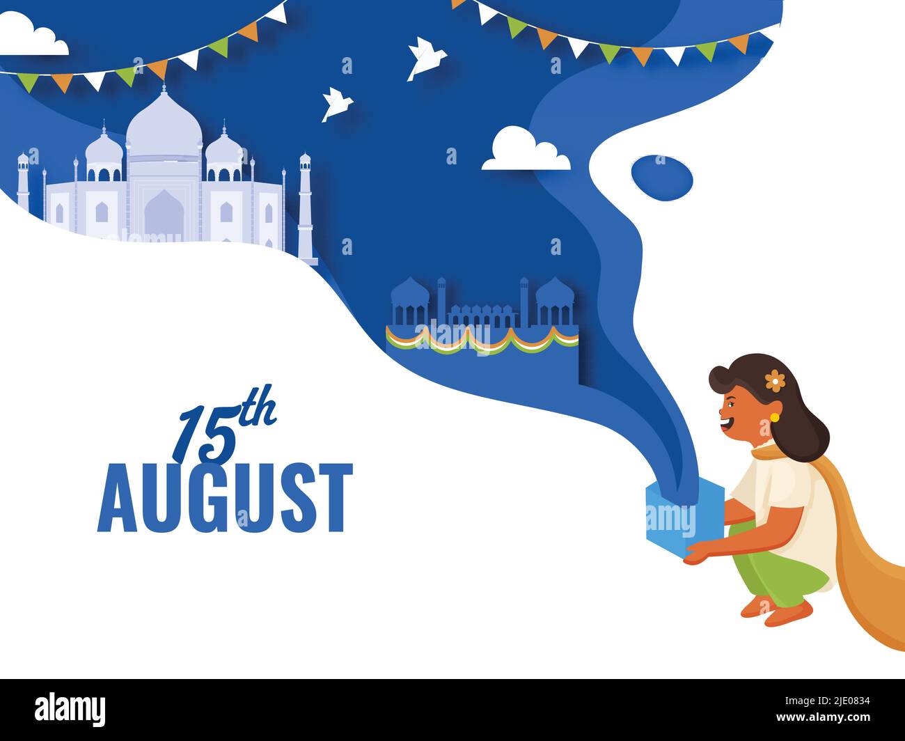 15th August Celebration Concept With Indian Girl Holding Box, Pigeon Flying, India Famous Monument On Blue And White Paper Cut Background. Stock Vector
