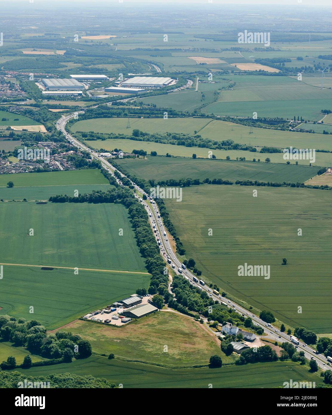 An aerial view of the A1 Motorway and Red Hall industrial estate, City of Doncaster, South Yorkshire, Northern England, UK Stock Photo