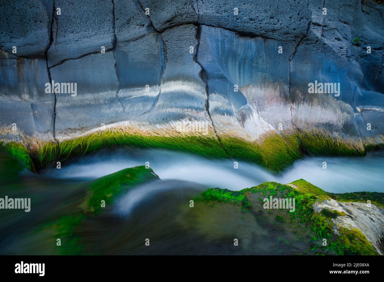 Cascate Alcantara, in front of Gole dell' Alcantara, Cascades in front of Alcantara Gorge, Sicily, Italy Stock Photo