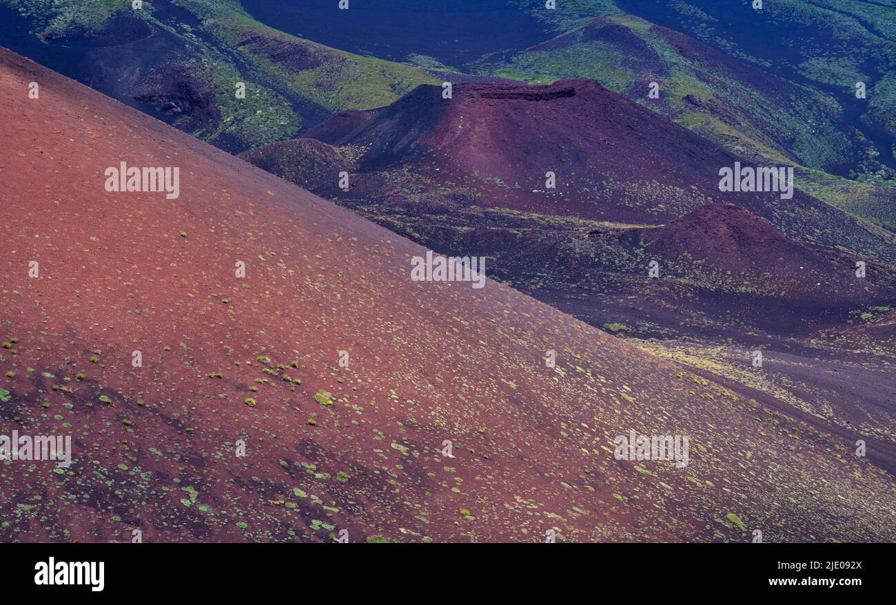 View of red lava rocks, volcanic soil, Crateri crater Silvestri, Etna volcano, Sicily, Italy Stock Photo