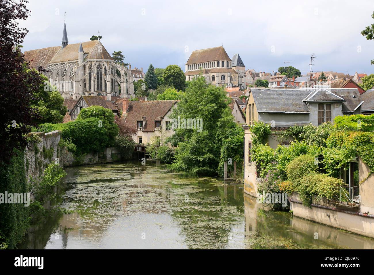 River Eure and churches of St Pierre and St Aignan, Chartres, Eure-et-Loir, France, Europe Stock Photo
