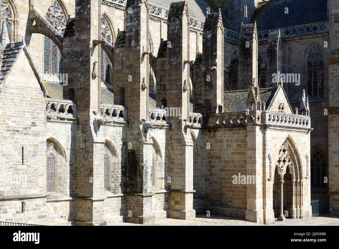 Saint-Tugdual de Treguier Gothic Cathedral, now Basilique mineur, south facade with the Porche du Peuple, Treguier, Cotes d'Armor department Stock Photo