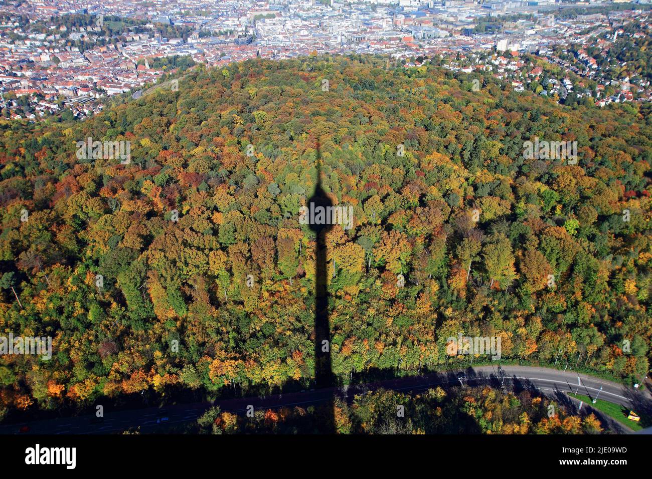 View in autumn from the Stuttgart TV tower on forest with shadow TV ...