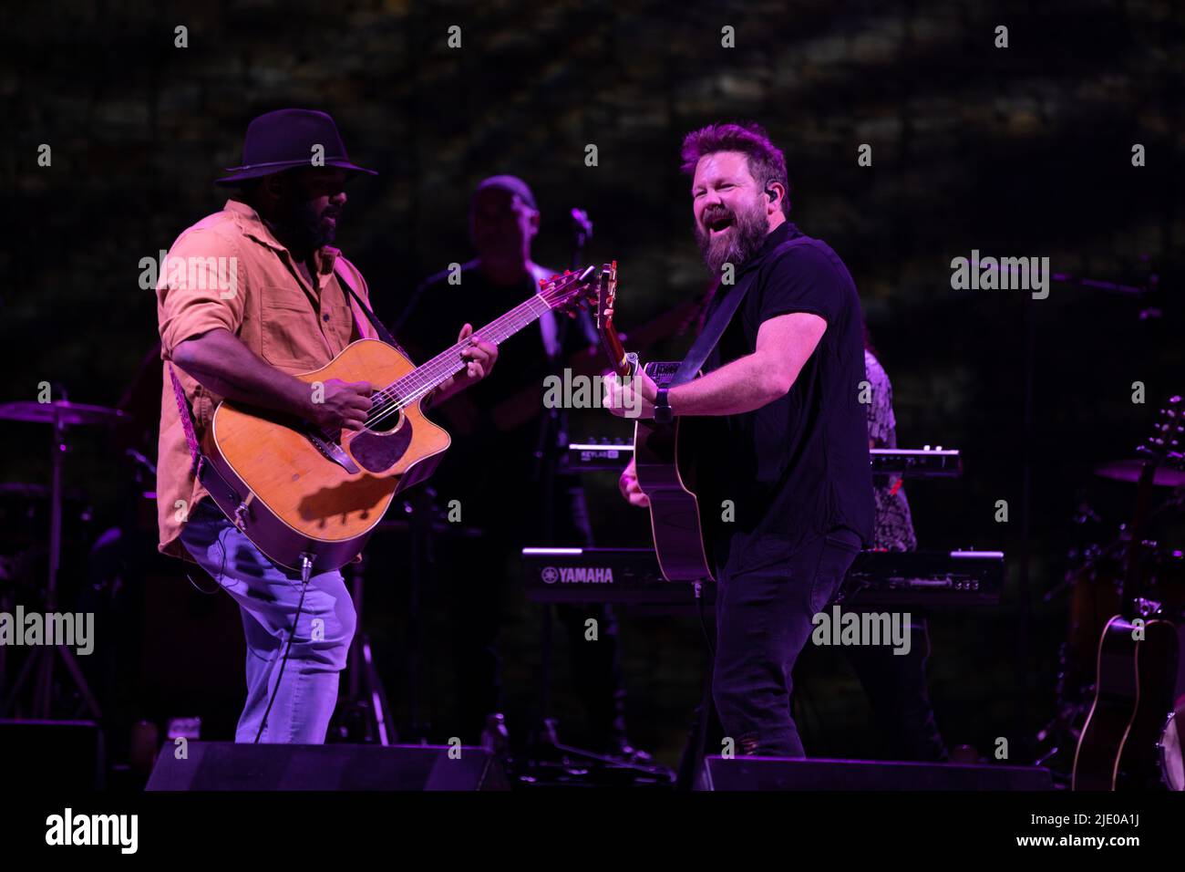 Jeremy Marou and Tom Busby of Australian band Busby Marou perform llive on stage in Australia 2022 Stock Photo