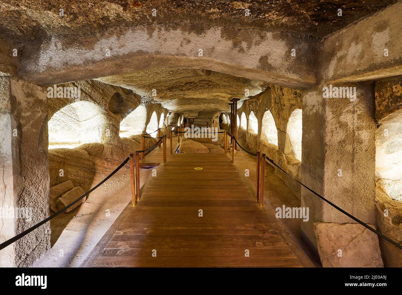 Milou Catacombs, Catacombs, Lava Caves, Tuff Rock, Tuff Caves, Early Christian Tombs, Wooden Walkway, Burial Chambers, Milos Island, Cyclades, Greece Stock Photo