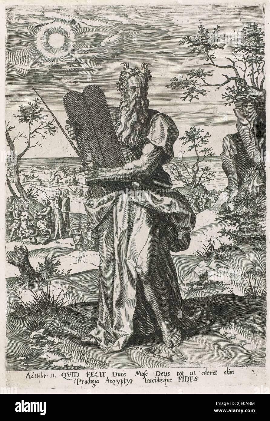 Moses with the tablets of the law, The letter to the Hebrews chapter 11 (series title), Moses holds two stone tablets on which the ten commandments are written; the tablets of the law. In the background scenes of the exodus from Egypt. Below the image is a two-line text in Latin, numbered mirrored in the right margin: 5. The print is part of a series of prints on the Letter to the Hebrews chapter 11., print maker: Pieter Jalhea Furnius, 1550 - 1625, paper, engraving, height 292 mm × width 199 mm Stock Photo