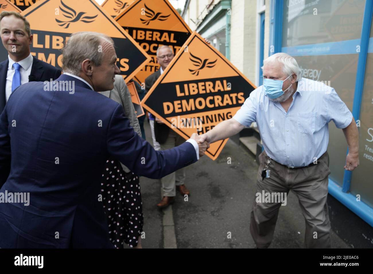 Liberal Democrat Leader Sir Ed Davey meets a supporter in Tiverton town centre, after Richard Foord (left) became the newly-elected Liberal Democrat MP for Tiverton and Honiton in the Tiverton and Honiton by-election, which was triggered by the resignation of MP Neil Parish for watching pornography in the Commons. Picture date: Friday June 24, 2022. Stock Photo