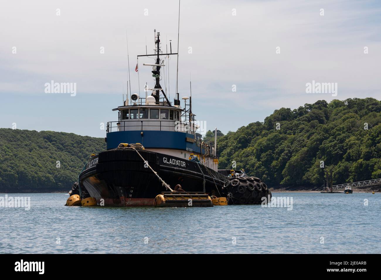 Cornwall, England, UK. 2022. The Gladiator built 1975 538 tons, a tug boat laid up on the River Fal in Cornwall, UK Stock Photo