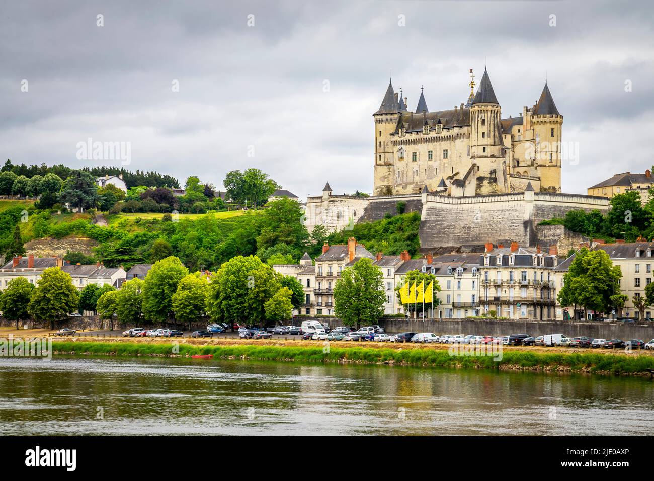 Chateau de Saumur and view on the River Loire. Built 10th century, is ...