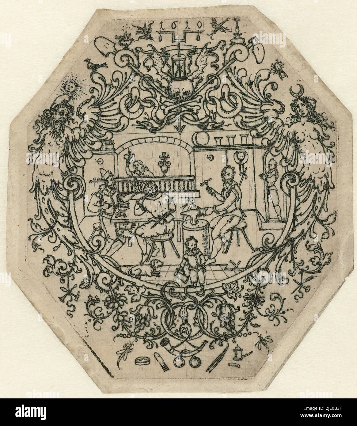 Workshop of a jeweler, Octagonal cartouche with garlands between which tools, insects, snakes and birds. Left and right a winged herm with the sun, resp moon, at top a skull with bat wings and an hourglass. In the cartouche three men at work in a goldsmith's workshop. To the right, a man comes through a door. In the foreground a dwarf and a dog. In the background behind a balustrade a man taking off his hat., print maker: Monogrammist AB (17e eeuw), (mentioned on object), Germany, 1610, paper, height 160 mm × width 138 mm Stock Photo