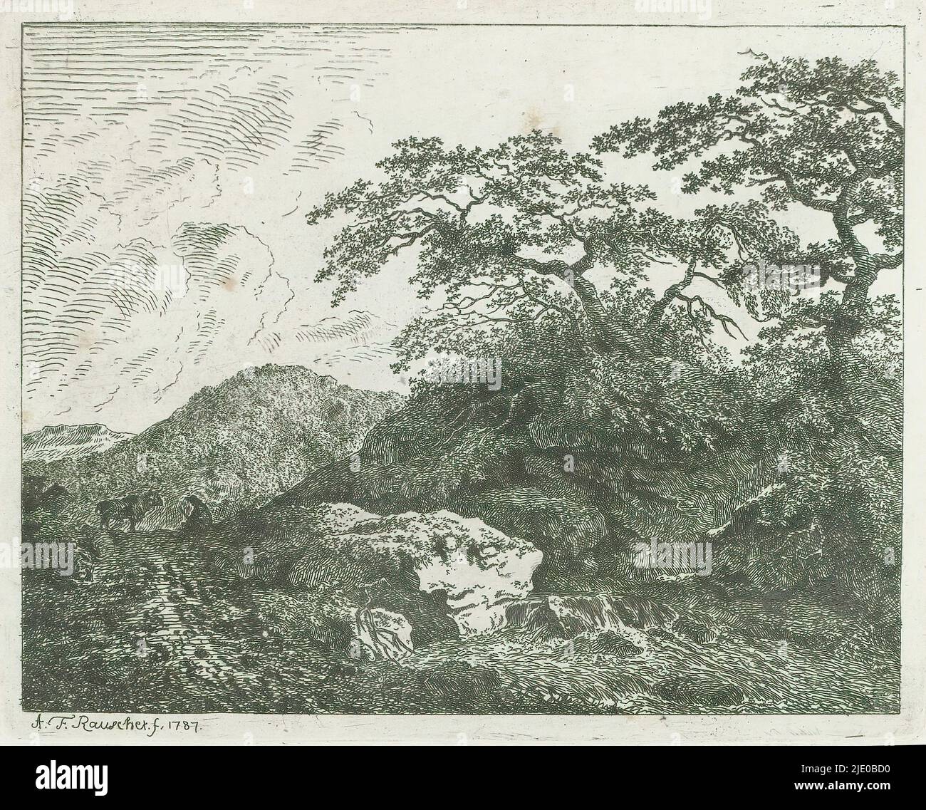 Landscape with brook and in the background a man and a bull, Eight wooded landscapes (series title), Acht Landschaften (series title on object), print maker: Friedrich Rauscher, (mentioned on object), publisher: Karl Tauchnitz, Leipzig, 1787, paper, etching, height 157 mm × width 196 mm Stock Photo