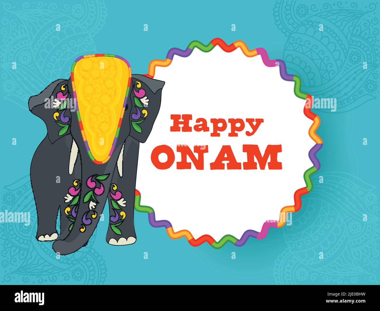 Happy Onam Font Over White Circular Frame With Elephant Animal On Blue Paisley Pattern Background. Stock Vector