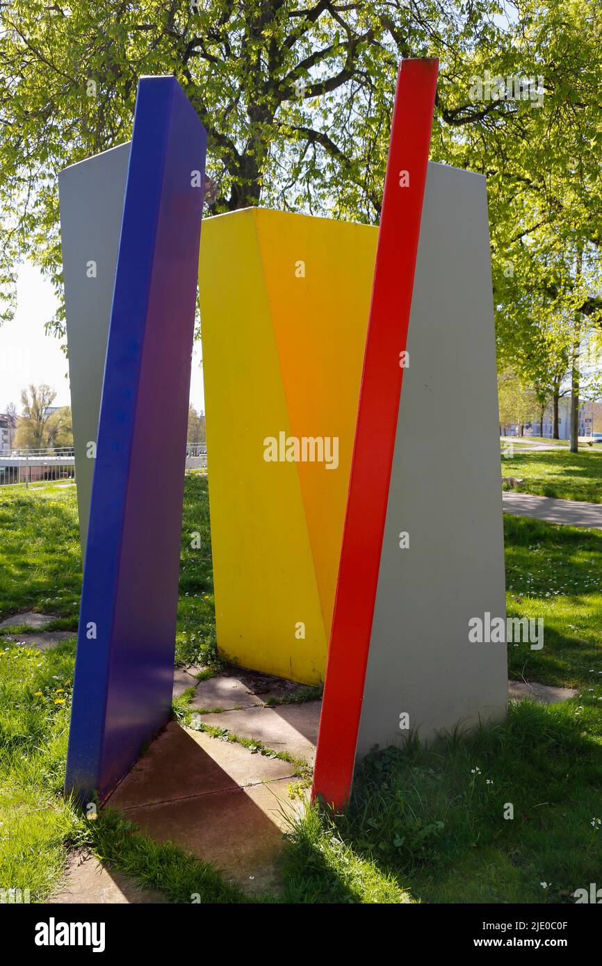 Art in public space, sculpture, large sculpture, blue, red, yellow, Ulm, Baden-Wuerttemberg, Germany Stock Photo