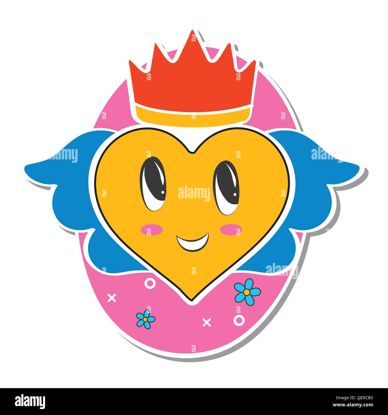 Sticker Style Heart Angel With Crown On Pink And White Background. Stock Vector