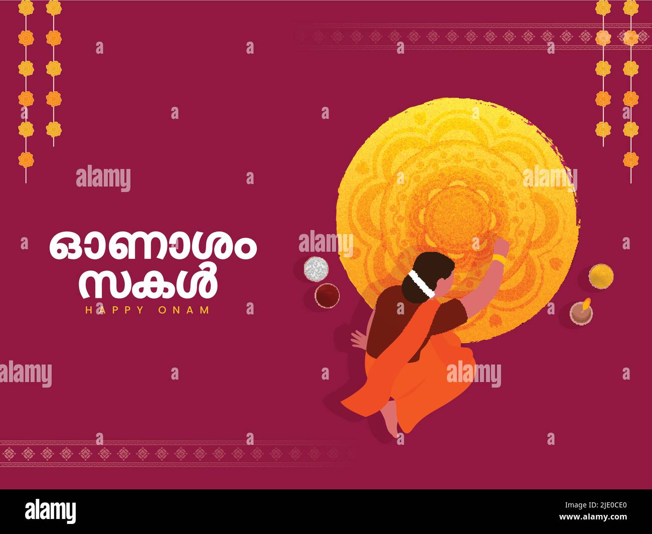 Malayalam Lettering Of Happy Onam With Top View Of South Indian Woman