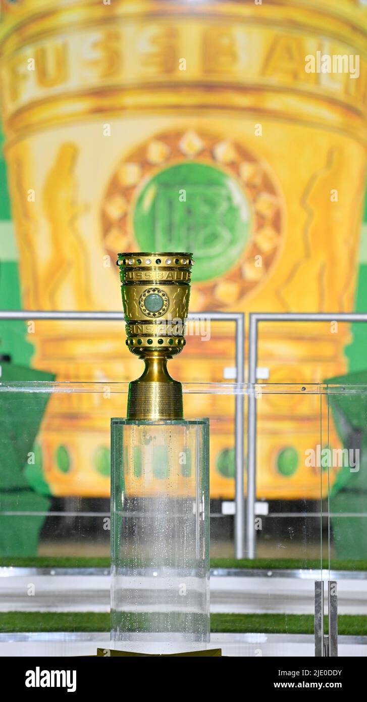 DFB Cup trophy on pedestal, 79th DFB Cup Final, Olympiasstadion, Berlin, Germany Stock Photo