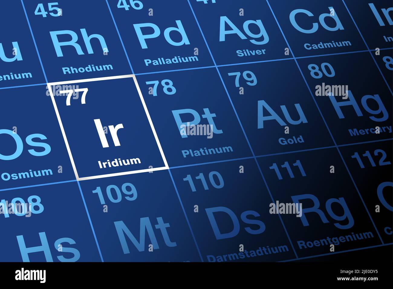 Iridium on periodic table. Chemical element with symbol Ir, named after Greek goddess Iris, and with atomic number 77. Transition metal. Stock Photo