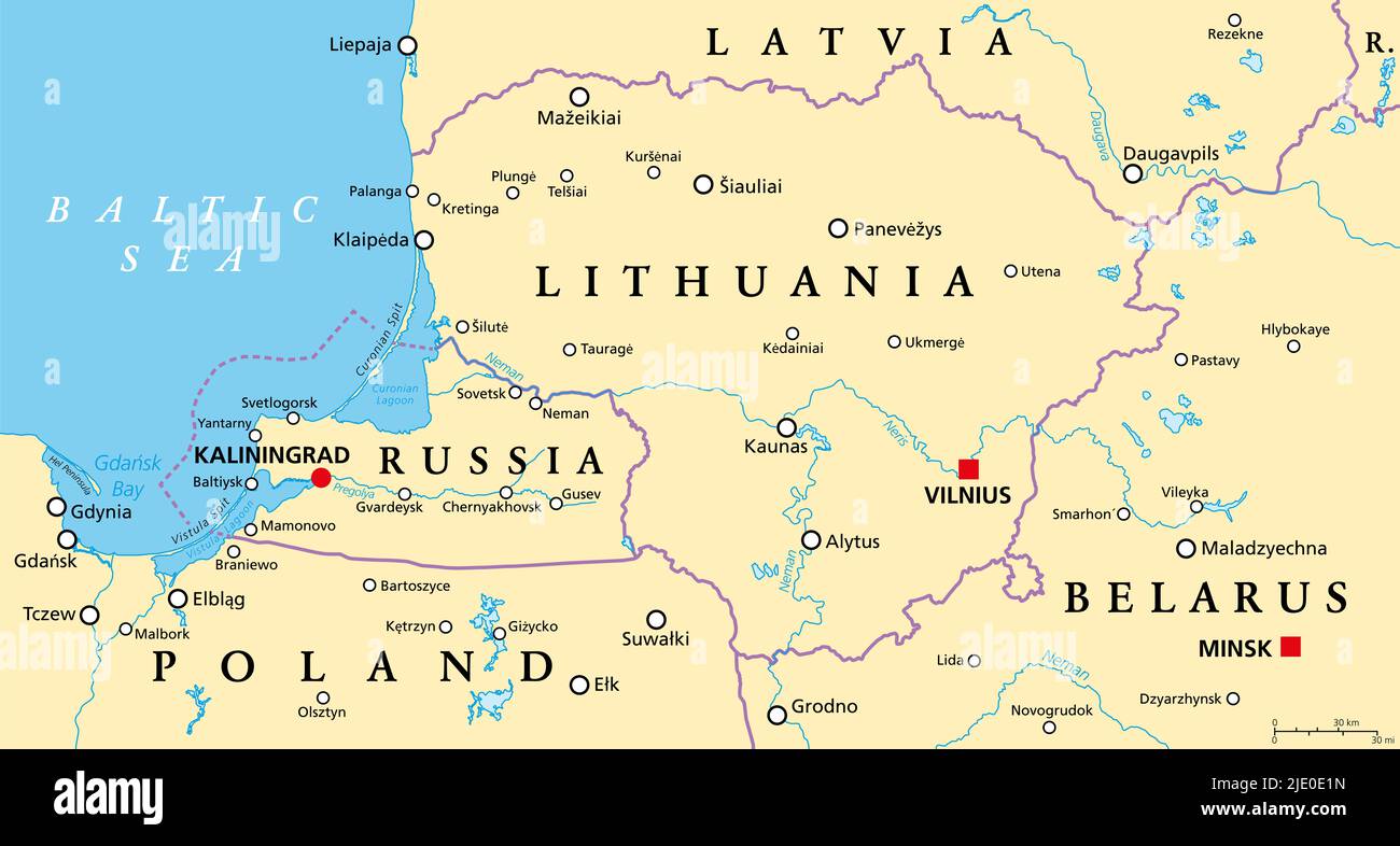 Lithuania and Kaliningrad, political map, with capitals and most important cities. Republic of Lithuania, a country in the Baltic region of Europe. Stock Photo
