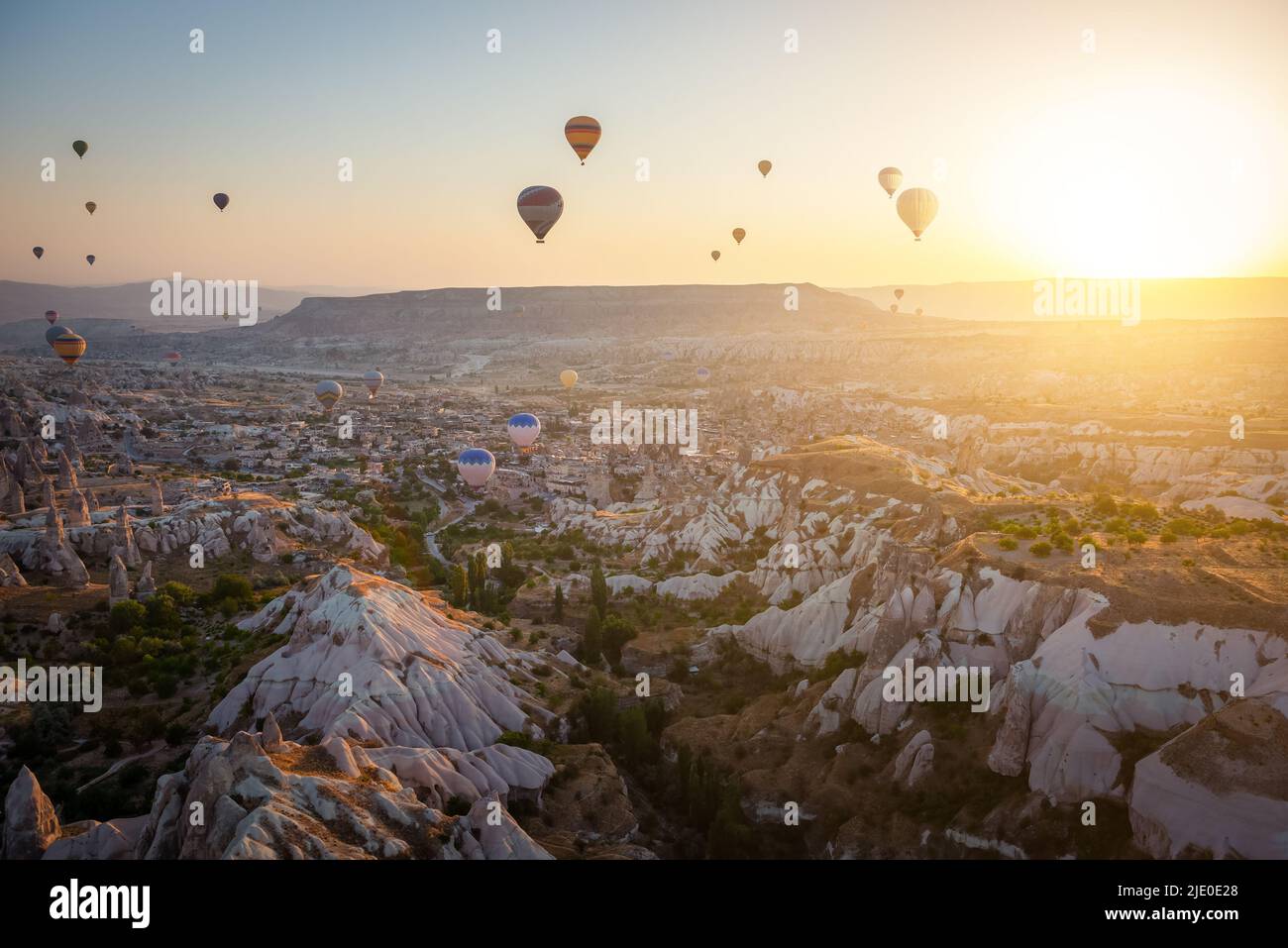 Hot air balloons flying over Cappadocia, Turkey Stock Photo