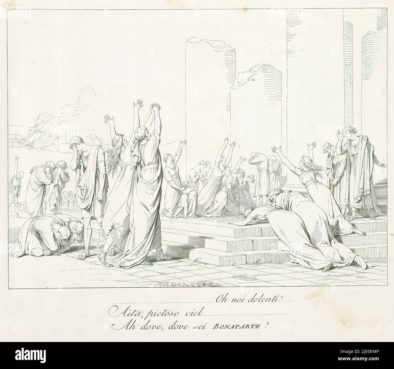Men and women pray before a ruined temple to Napoleon, (...) Oh noi dolenti!(...) Aita, pietoso ciel(...) Ah dove, dove sei Bonaparte? (title on object), Illustrations to the poem Pronea by Melchiore Cesarotti, an apology for Napoleon Bonaparte (series title), La pronea del Cesarotti delineata ed incisa dal Matteini (series title), Below the image a verse in Italian. Print is part of an album., print maker: Teodoro Matteini, publisher: anonymous, print maker: Italy, publisher: Milaan, 1808, paper, etching, height 332 mm × width 382 mm Stock Photo