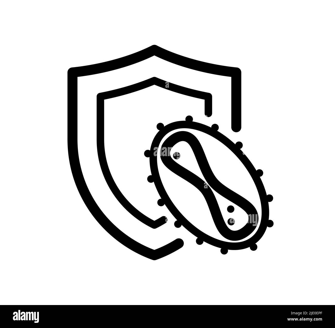 Immune system concept. Hygienic medical black shield protecting from monkeypox virus linear icon. Human monkey pox bacteria cell infection immunity sign. MPV MPVX defense symbol. Vector eps Stock Vector