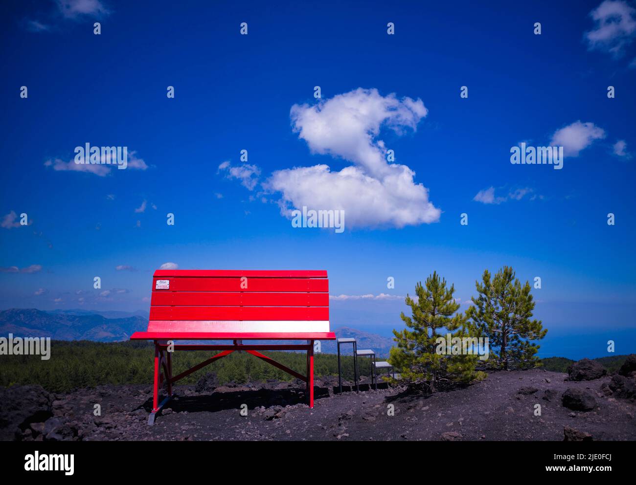 Giant Red Bench, Big Bench Community Project, Big Bench Number 200, Etna, Grande Panchina, Linguaglossa, Sicily, Italy Stock Photo