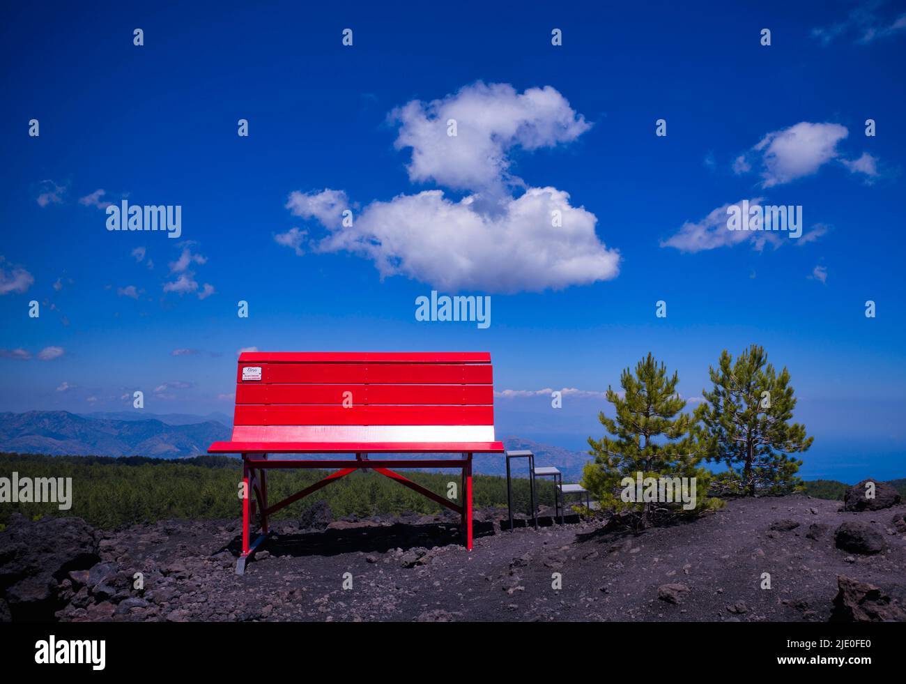 Giant Red Bench, Big Bench Community Project, Big Bench Number 200, Grande Panchina, Linguaglossa, Sicily, Italy Stock Photo
