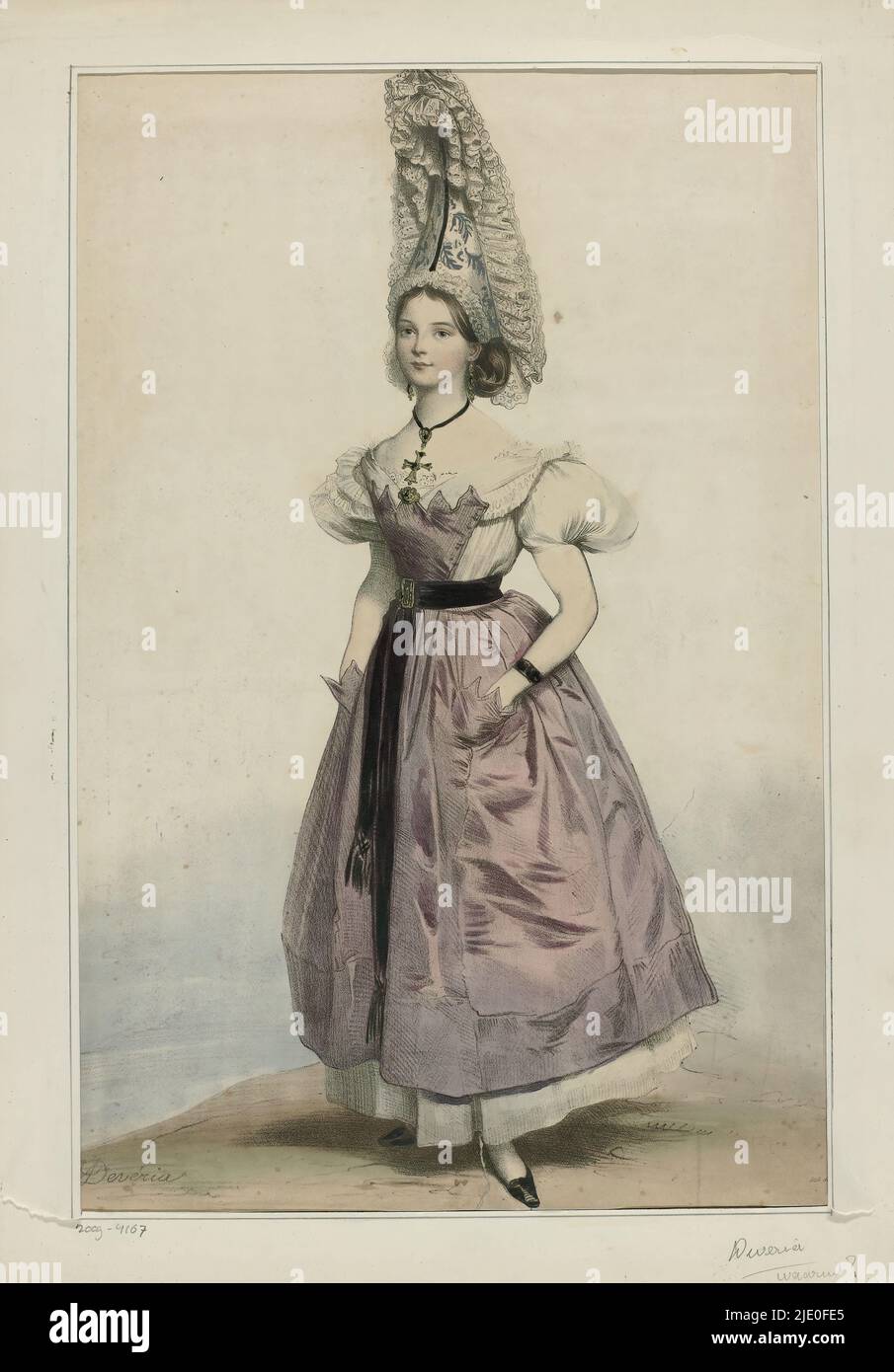 Femme de Bolbec Woman in costume of Bolbec. Gown with short puffed sleeves. Apron with side pockets with crenellated hem. Belt with square buckle fringes at the ends. Further accessories tall hat earr...