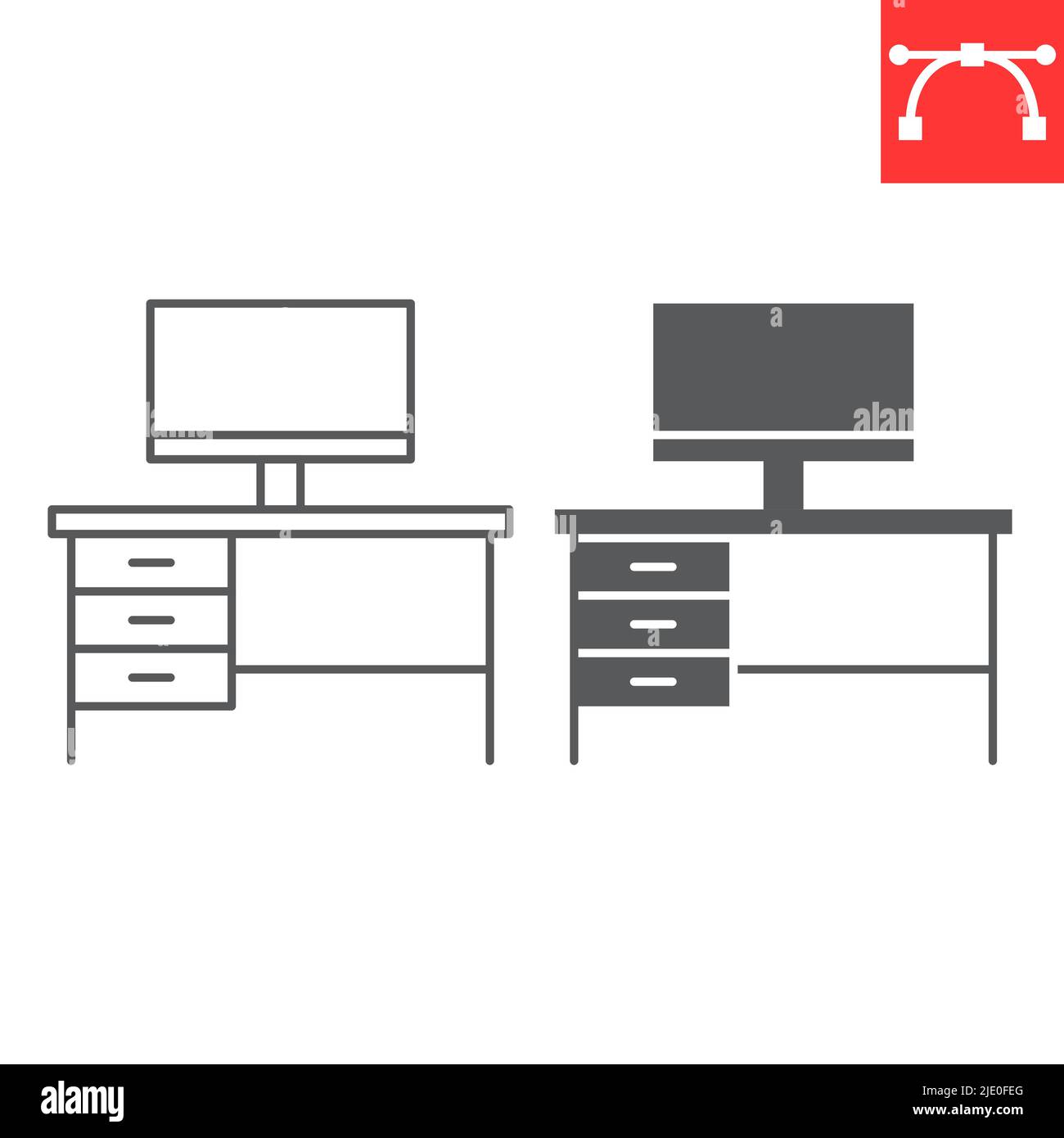 Desk computer line and glyph icon, furniture and interior, workplace ...