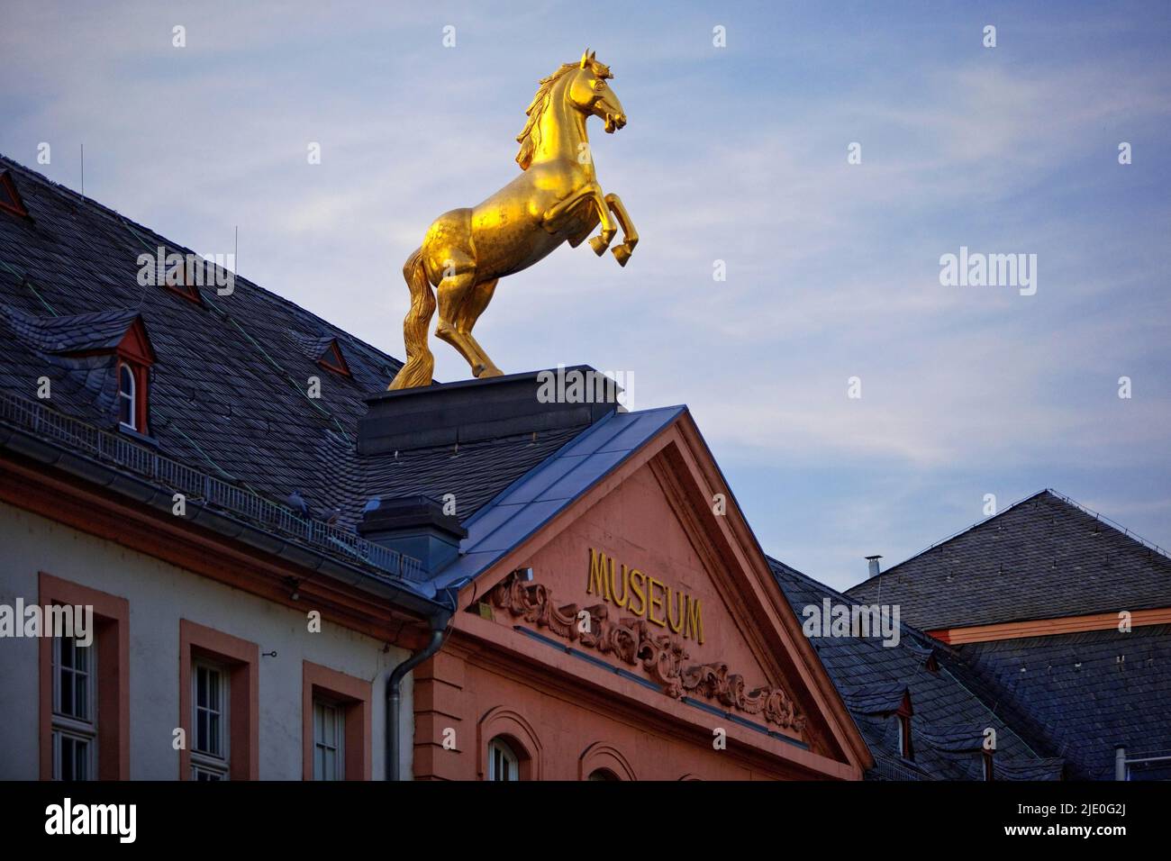 Landesmuseum Mainz in the former Golden Ross Barracks with corresponding roof figure, Mainz, Rhineland-Palatinate, Germany Stock Photo