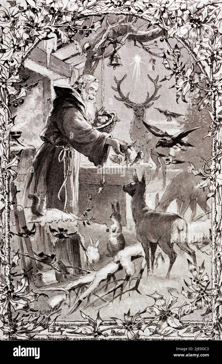 Einsiedeln Christmas Eve, Christmas, old man, deer, hare, stag, feeding, snow, cold, winter, bell, star, historical illustration 1895 Stock Photo