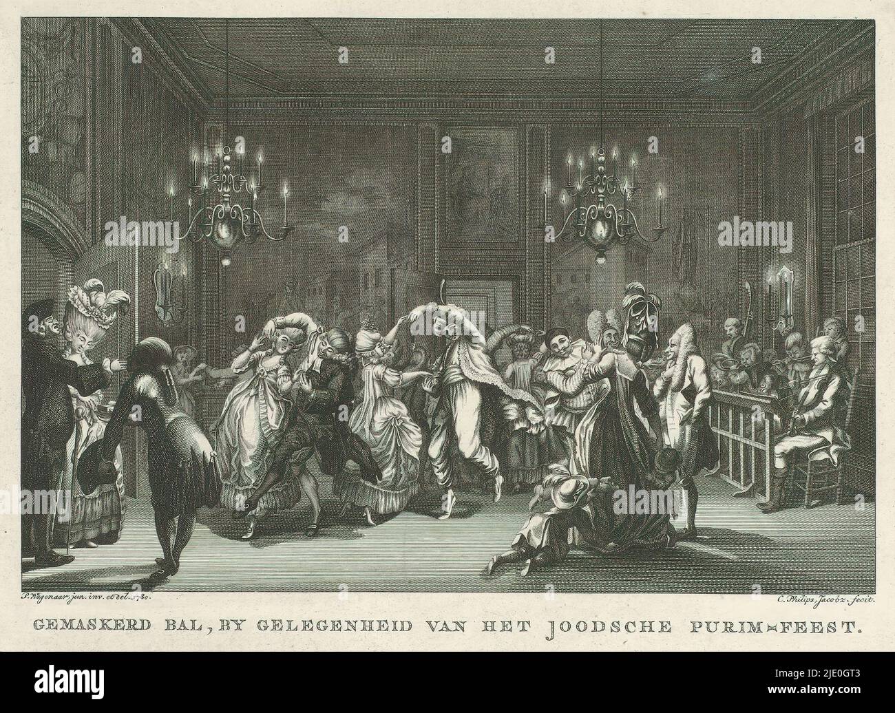 Masked ball at Jewish Purim feast, Masked ball, on occasion of Jewish Purim feast (title on object), View into a rich interior where Purim feast is celebrated. Several dancing couples in costumes and adorned with masks. In the foreground, two children play around a woman's skirt. On the right, an orchestra with strings and horns., print maker: Caspar Jacobsz. Philips, (mentioned on object), after drawing by: Pieter Wagenaar (II), (mentioned on object), Amsterdam, 1780, paper, engraving, height 220 mm × width 359 mm Stock Photo
