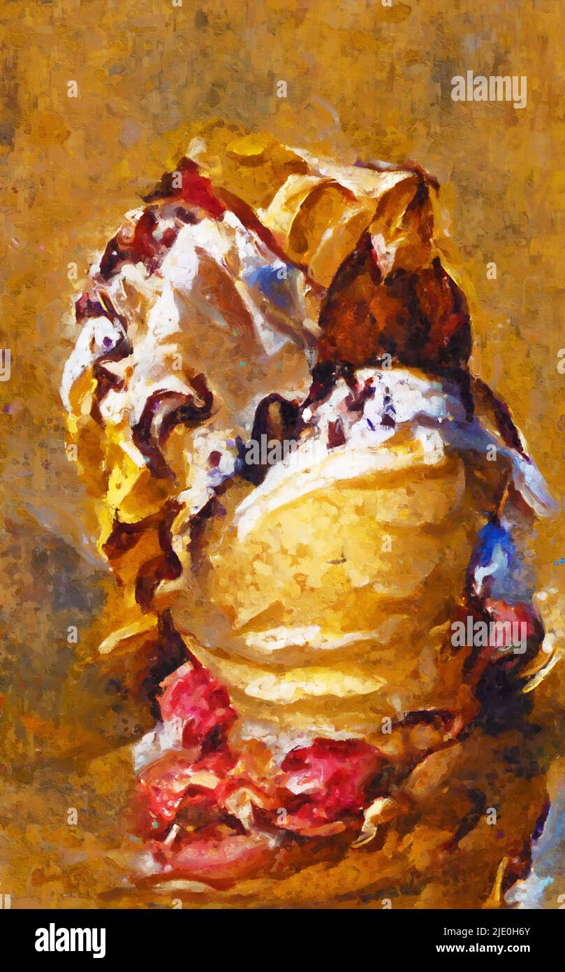 Painted ice cream with whipped cream with fruits. Stock Photo
