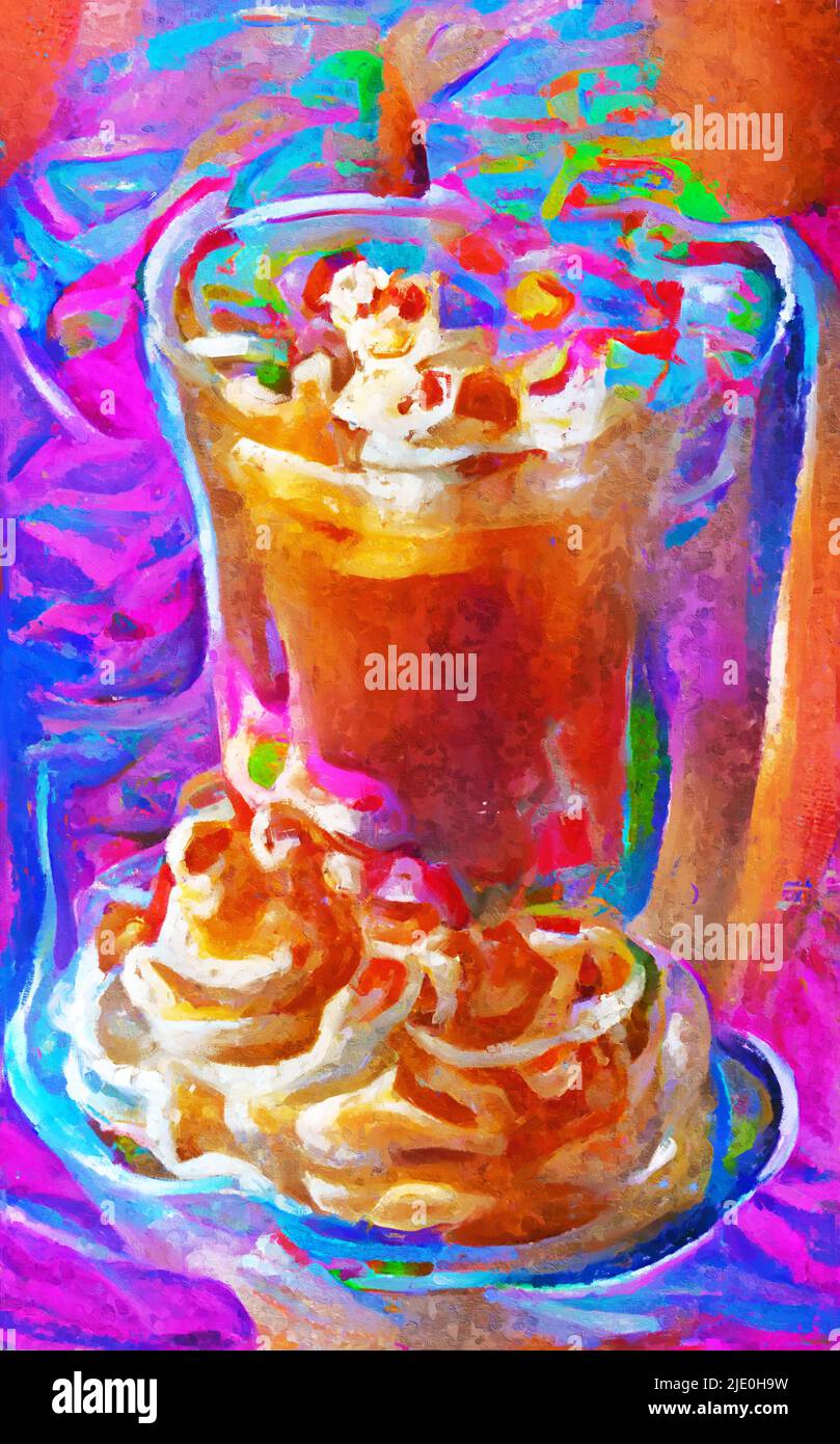 Painted iced coffee with whipped cream. Stock Photo