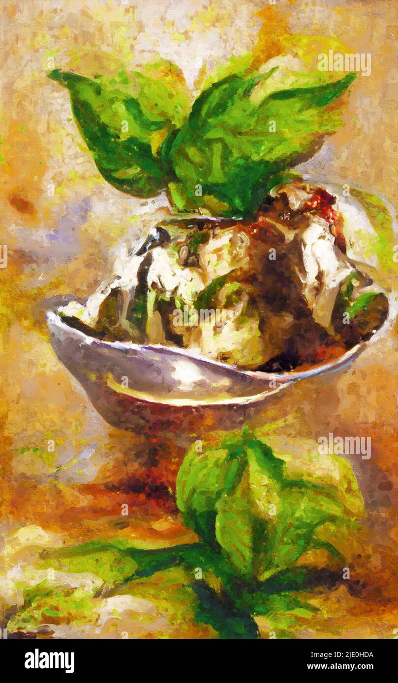 Painted mint ice cream with whipped cream. Stock Photo